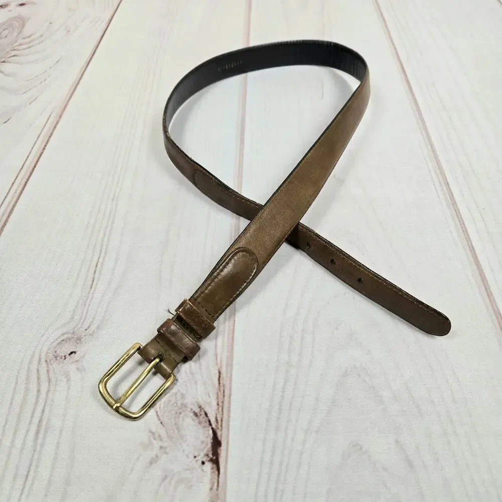 Vintage 90s Leather Belt Brass Buckle Brown Gold L/ XL
